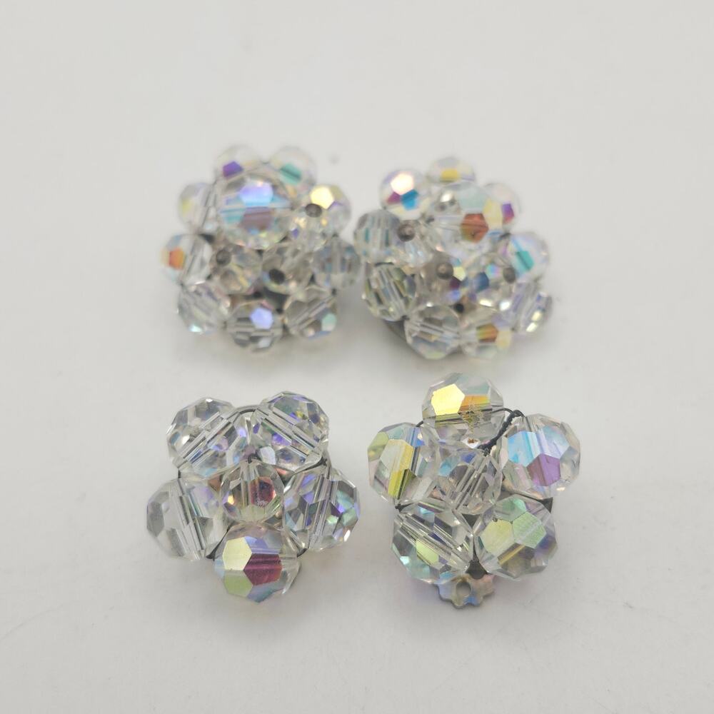 Lot 2 Aurora Borealis AB Glass Cluster Clip On Earrings Silver Tone Floral Dome